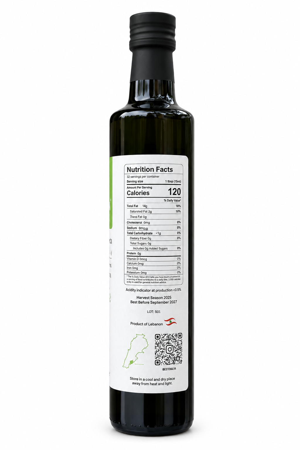 Back label of BESTEN ALYA Signature olive oil showing nutrition facts and QR code
