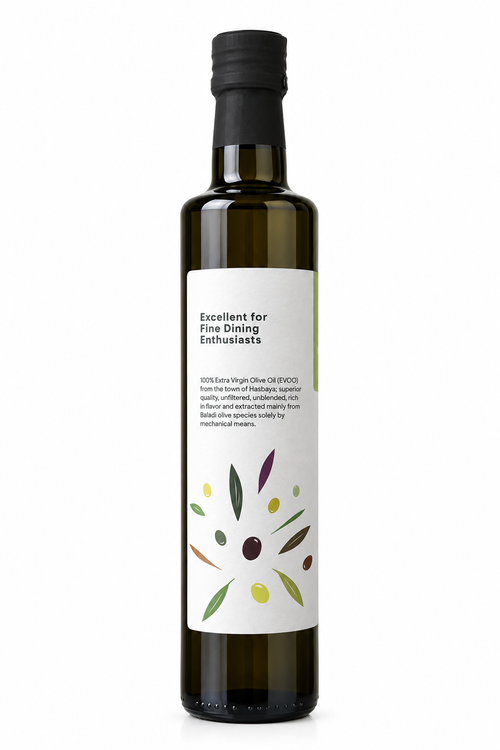 Side label of BESTEN ALYA Signature olive oil bottle describing its tasting notes