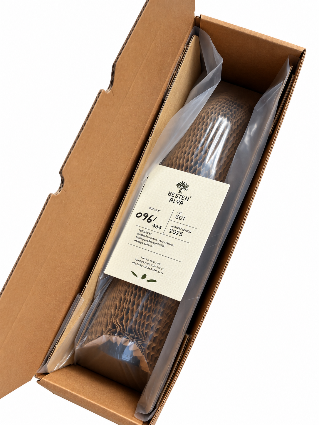 BESTEN ALYA Signature gift box opened, showing the bottle wrapped and protected for delivery